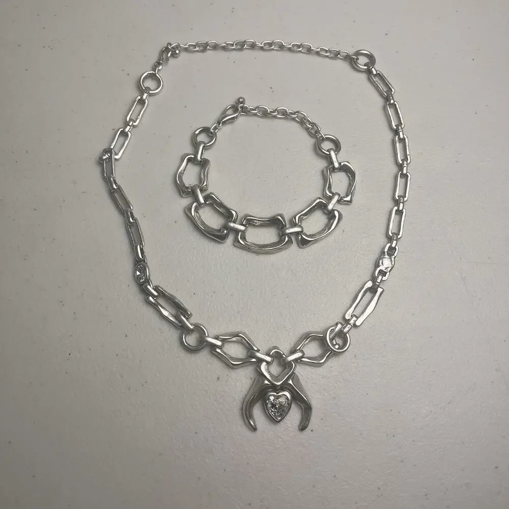 Silver Tone Heart Pendant Necklace Chunky Chain Bracelet Set Statement Bold Y2K